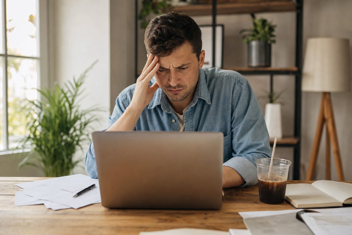 Person looking frustrated at a slow laptop on a wooden desk, coffee going cold beside them