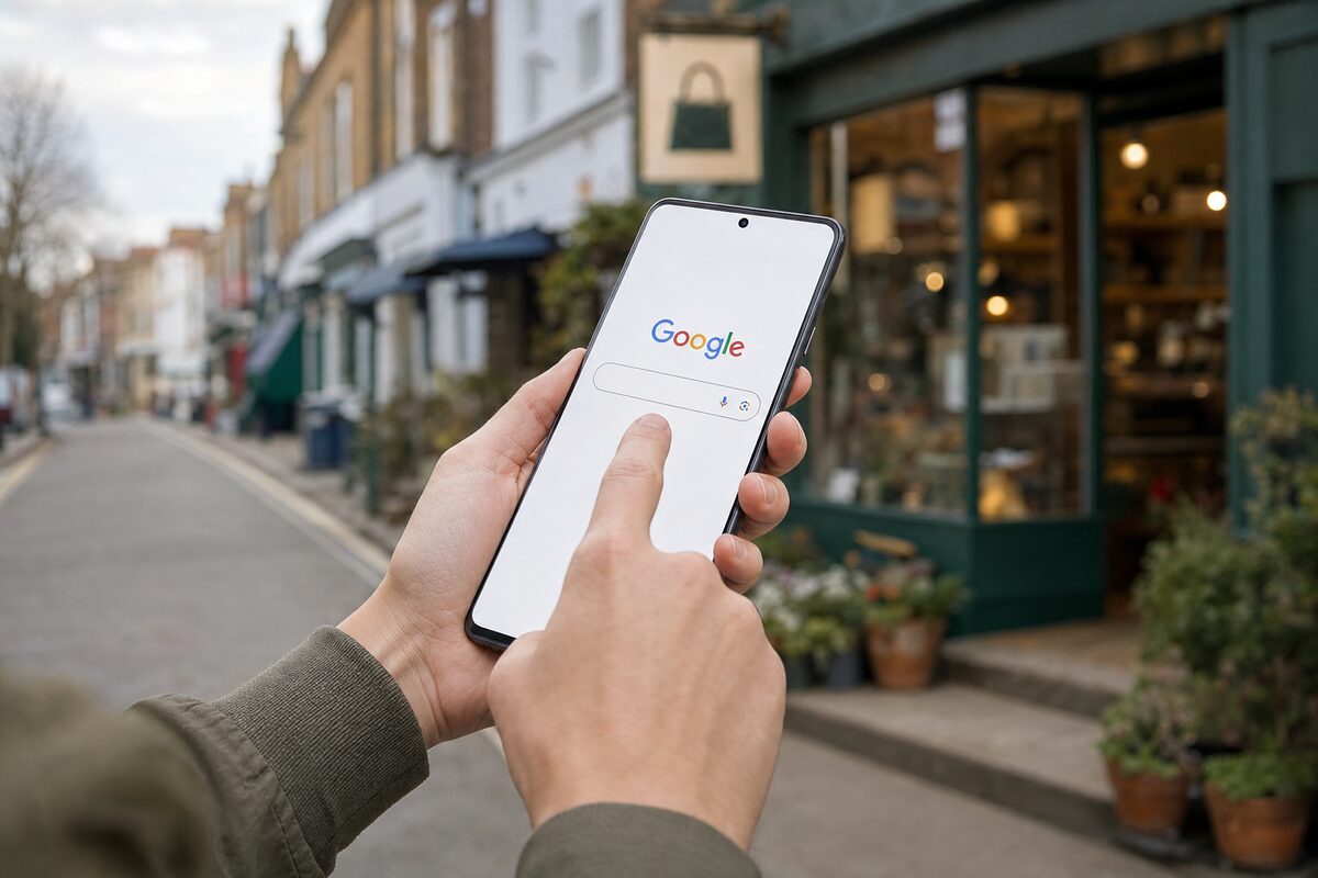 A person holding a smartphone searching Google for a local business, with a small independent shop visible in the background on a quiet high street