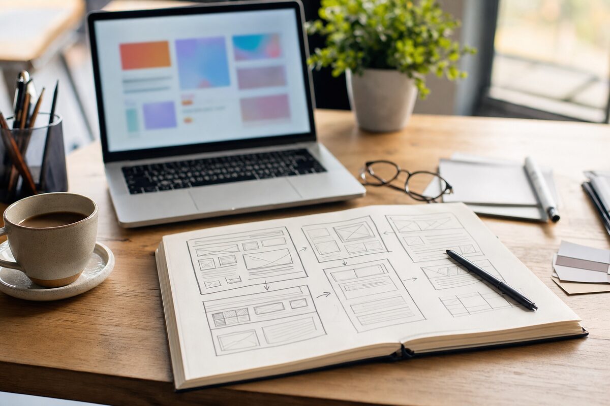 A designer planning a website layout at a bright desk with a laptop and a notebook of sketches
