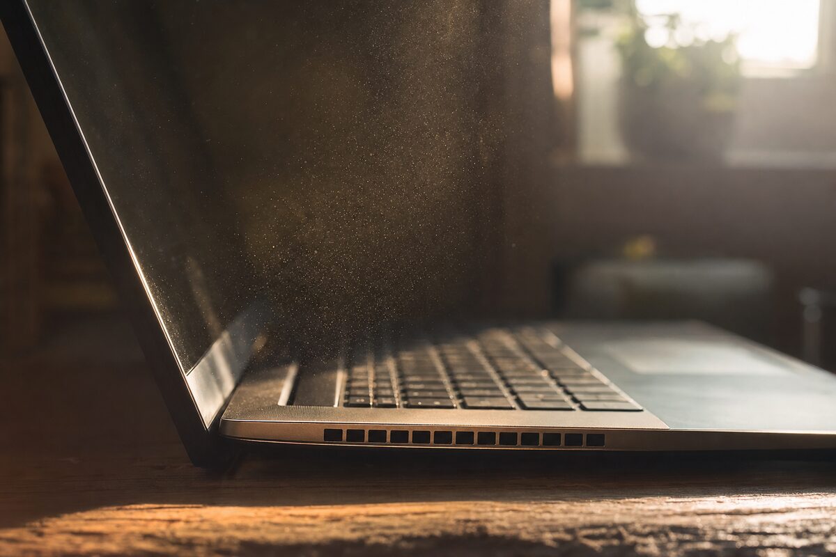 A laptop sitting open on a wooden desk, a thin beam of warm light catching visible dust motes in the air around the vents