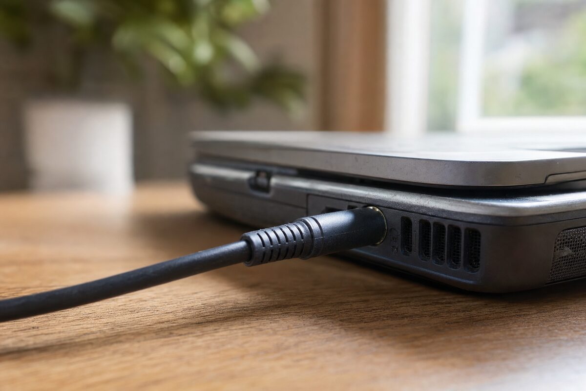A laptop charging cable plugged into a port on a worn but well-loved laptop on a wooden desk, soft natural light from a nearby window