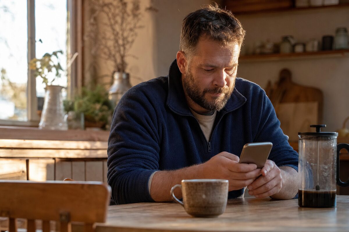 A small business owner checking their website on a smartphone at their kitchen table early in the morning, warm morning light coming through the window
