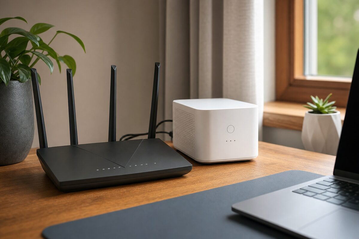 A compact mini UPS device plugged in behind a home router on a wooden desk, with soft warm light