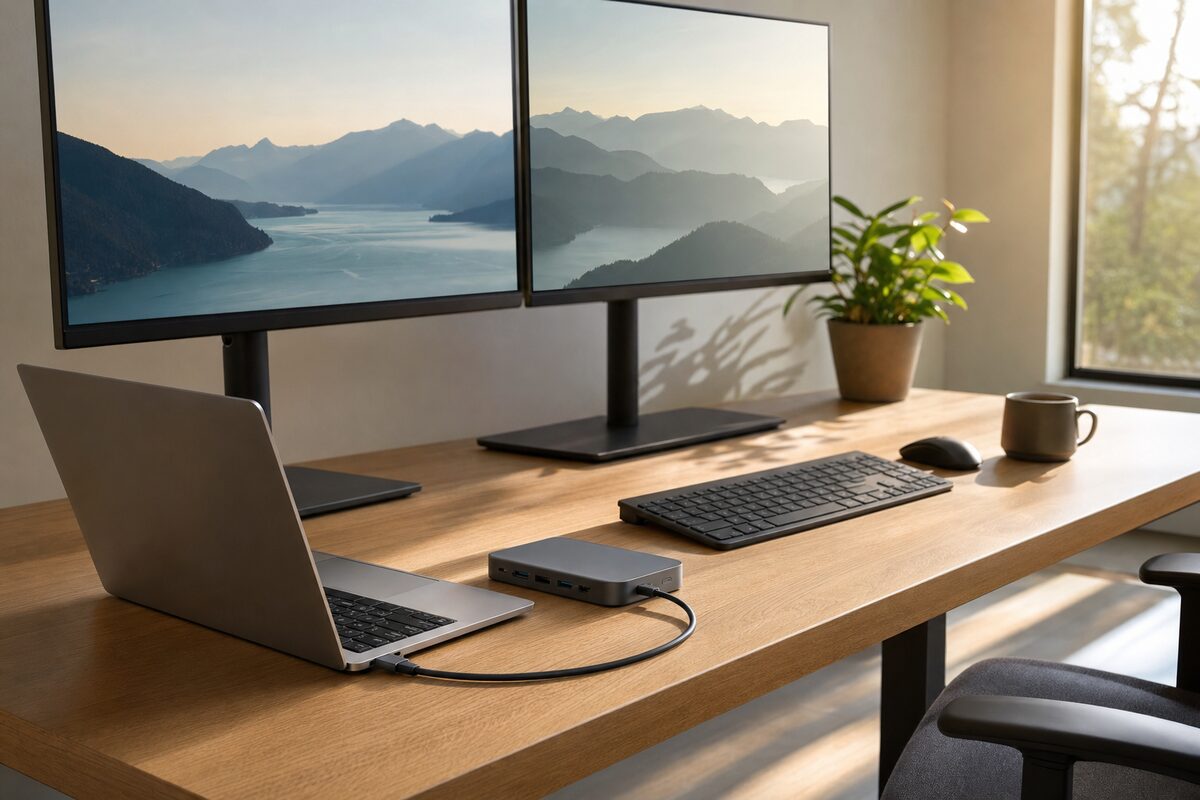 A tidy home office desk with a laptop connected to a docking station, two external monitors, a keyboard and mouse — warm morning light through a window