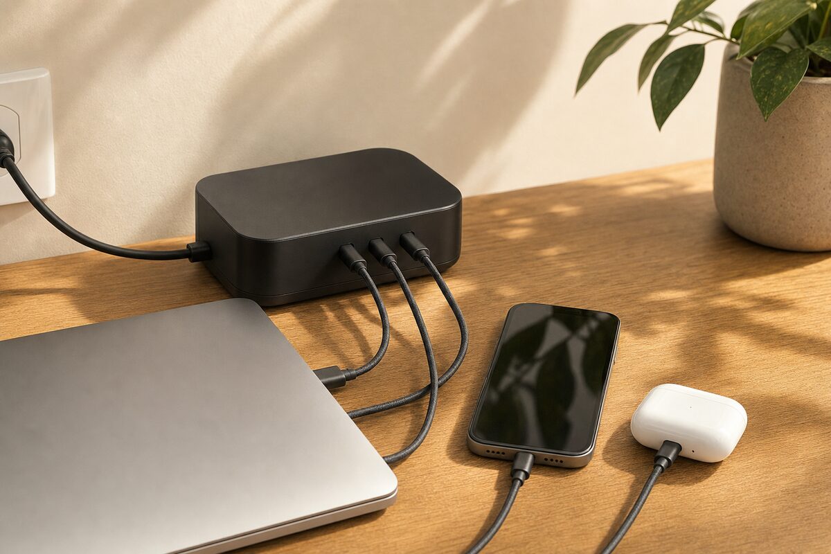 A tidy home office desk with a compact black Anker GaNPrime charging station powering a laptop, phone and tablet through neatly arranged cables
