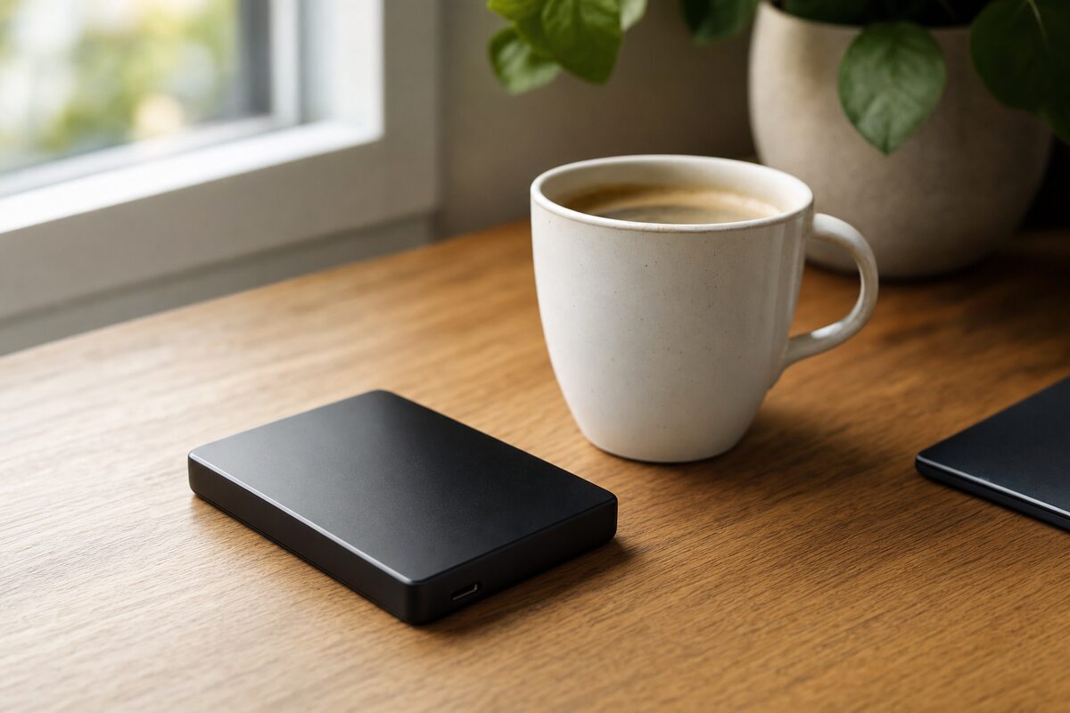 A small black WD Elements portable hard drive sitting on a wooden desk beside a white mug of coffee, soft morning light