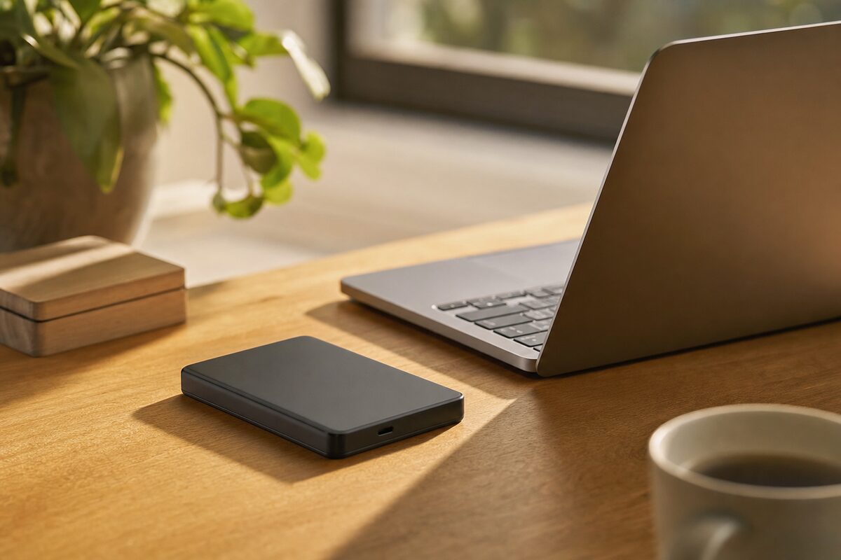 A compact WD My Passport portable hard drive sitting on a wooden desk next to a laptop, with warm natural light from a nearby window