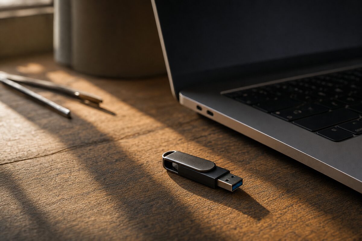A compact USB flash drive resting on a wooden desk beside a laptop, warm natural light casting soft shadows