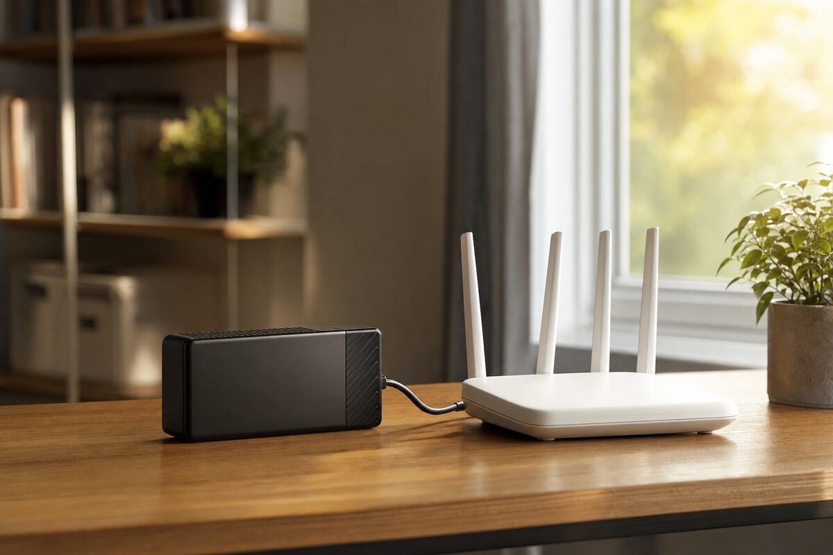 A compact mini-UPS battery backup unit sitting neatly beside a home broadband router on a desk, with indicator LEDs glowing softly in warm ambient light