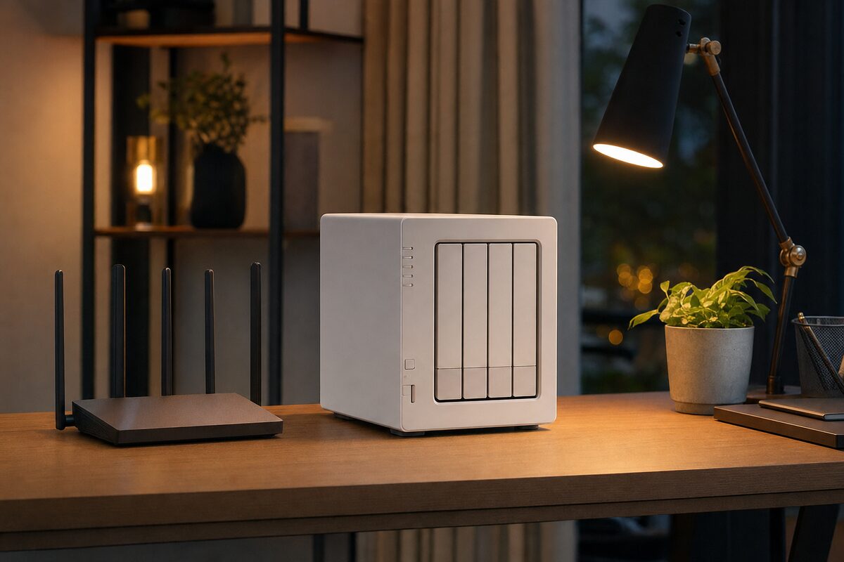 A small NAS drive unit sitting on a home office desk beside a router, with warm desk lamp lighting
