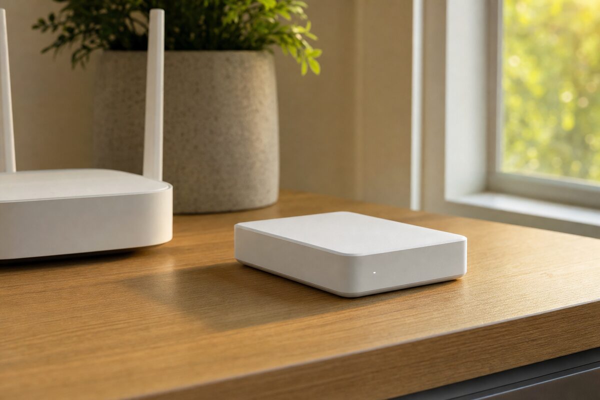 A small white WD My Cloud Home drive sitting on a wooden desk beside a router, with soft warm light from a nearby window