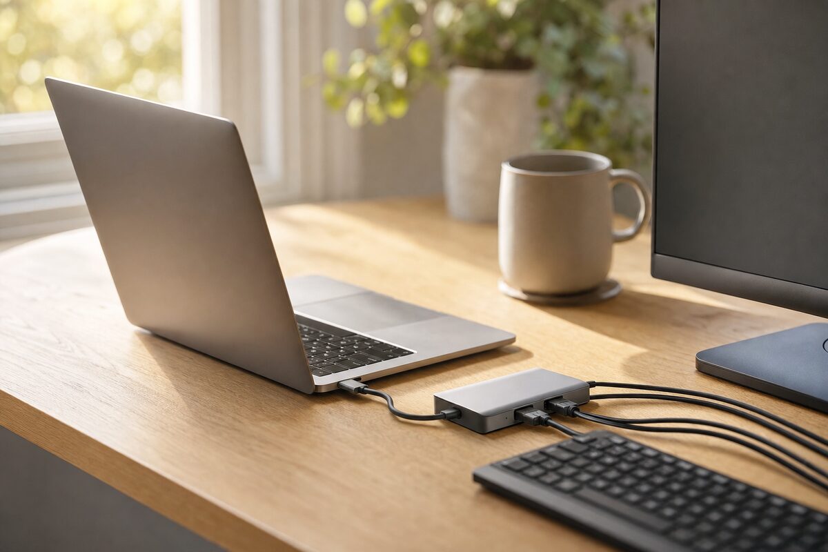 A tidy home office desk with a laptop connected to a small aluminium USB-C hub, external monitor glowing softly in the background, wired keyboard and mouse neatly arranged