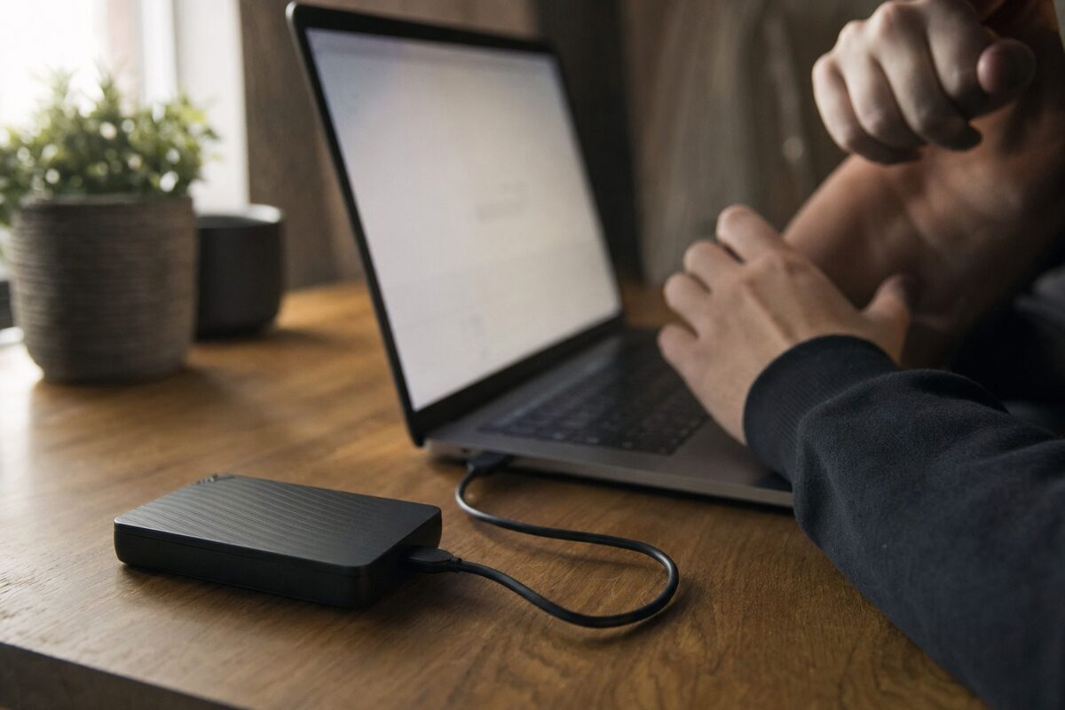 An external hard drive plugged into a laptop on a wooden desk, with a concerned person checking the screen showing no recent backup files