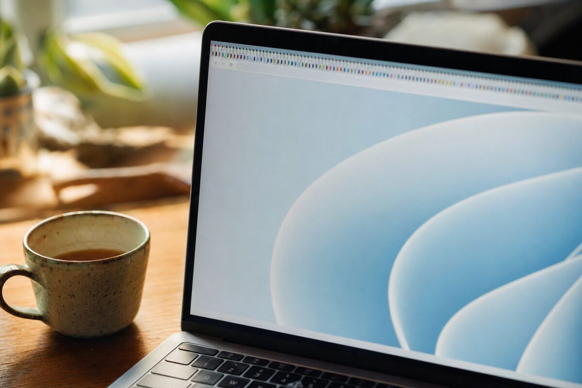 A laptop on a wooden desk with dozens of browser tabs open, bathed in warm afternoon light, showing a cluttered but familiar working scene