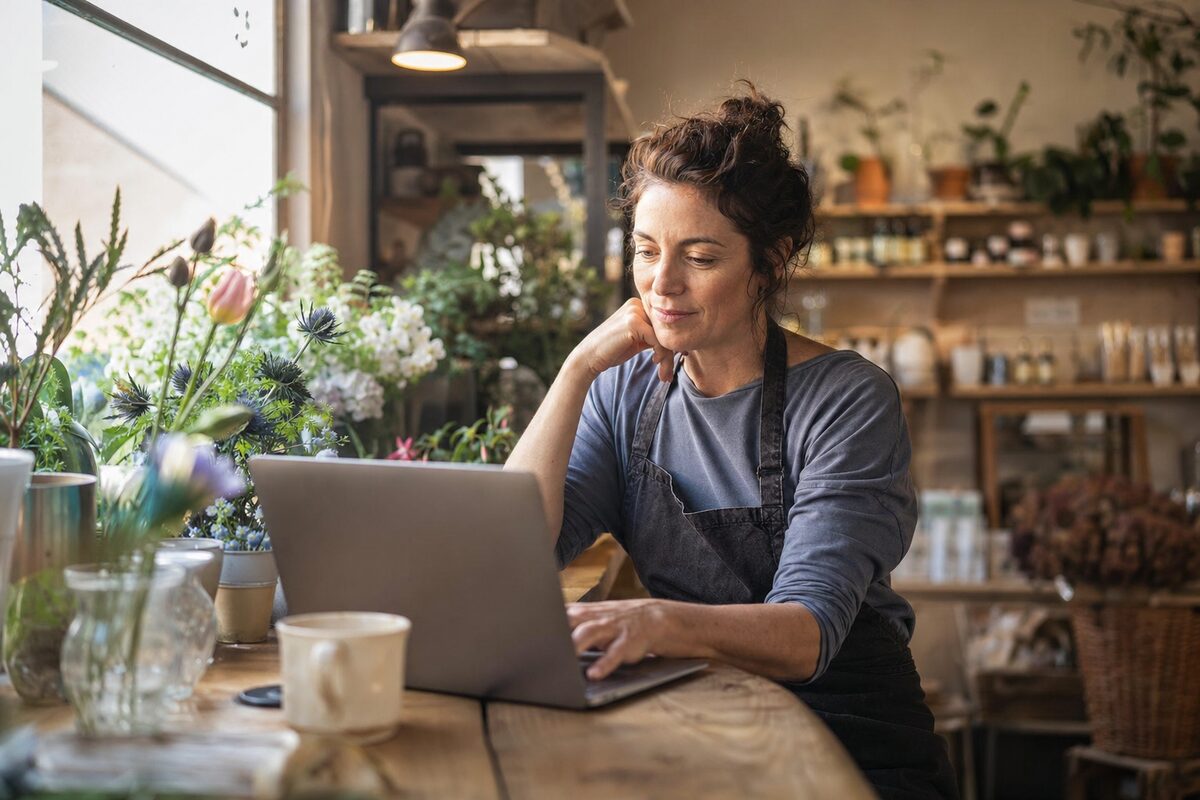 A small business owner looking at search results on a laptop in a bright, welcoming local shop