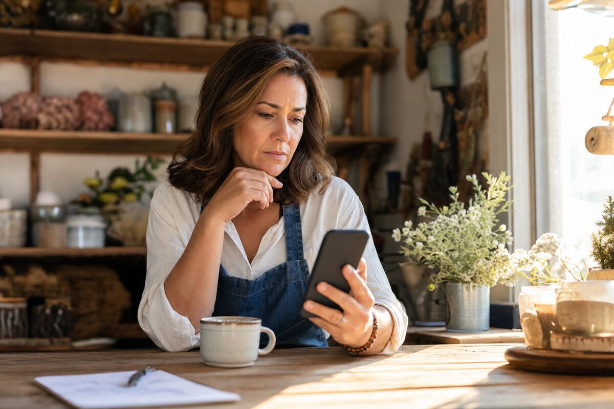 A small business owner checking their website on a smartphone at a wooden desk, warm natural light from a window