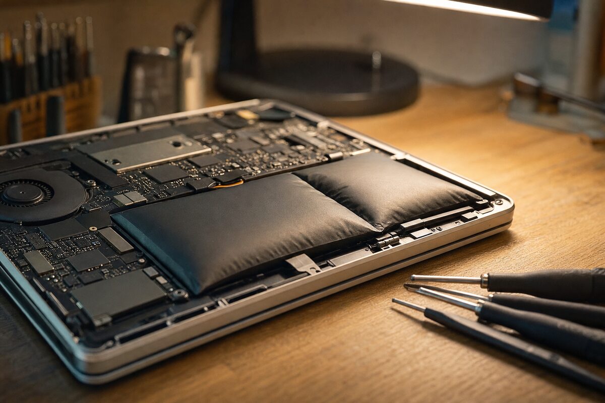 A laptop open on a repair workbench with its back panel removed, revealing an expanded battery pack, under warm workshop lighting