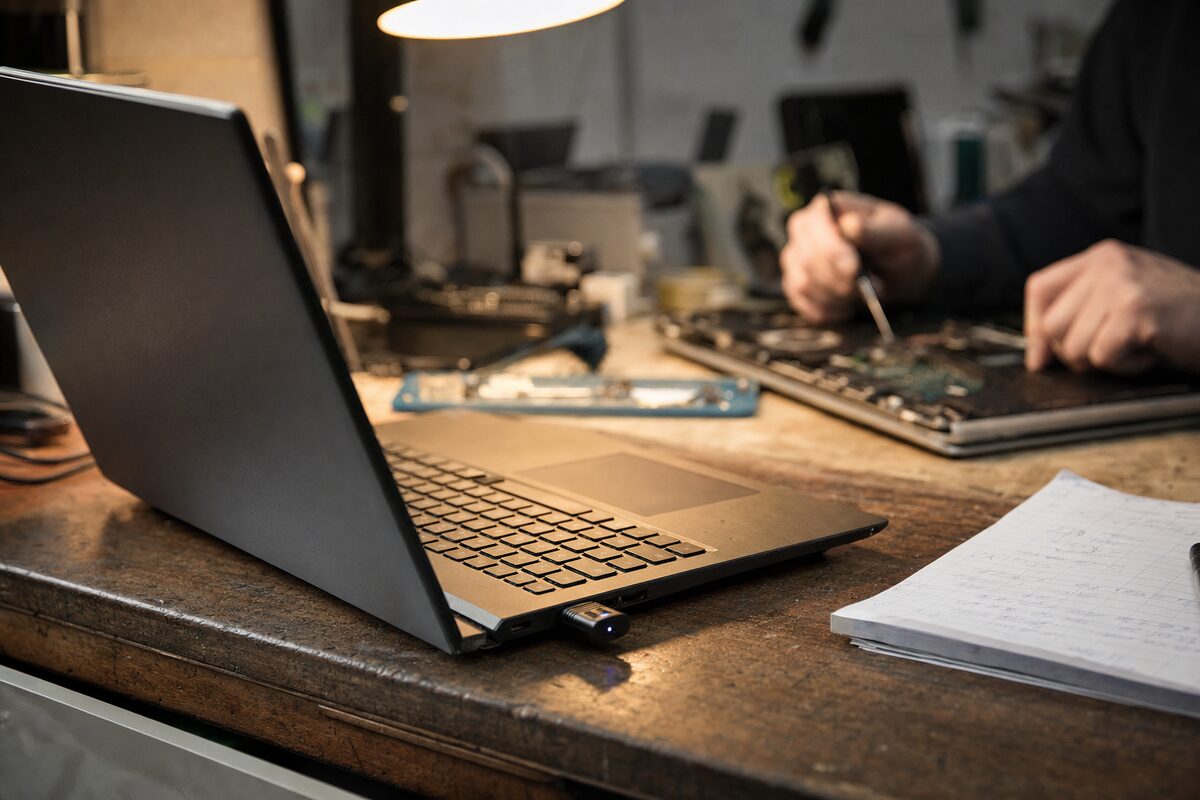 A laptop open on a wooden workbench, its underside visible and slightly warm, with a small diagnostic tool connected via USB in a softly lit repair shop