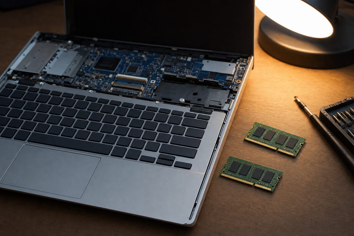 Laptop open on a repair workbench with RAM modules removed and laid beside it, soft workshop lighting