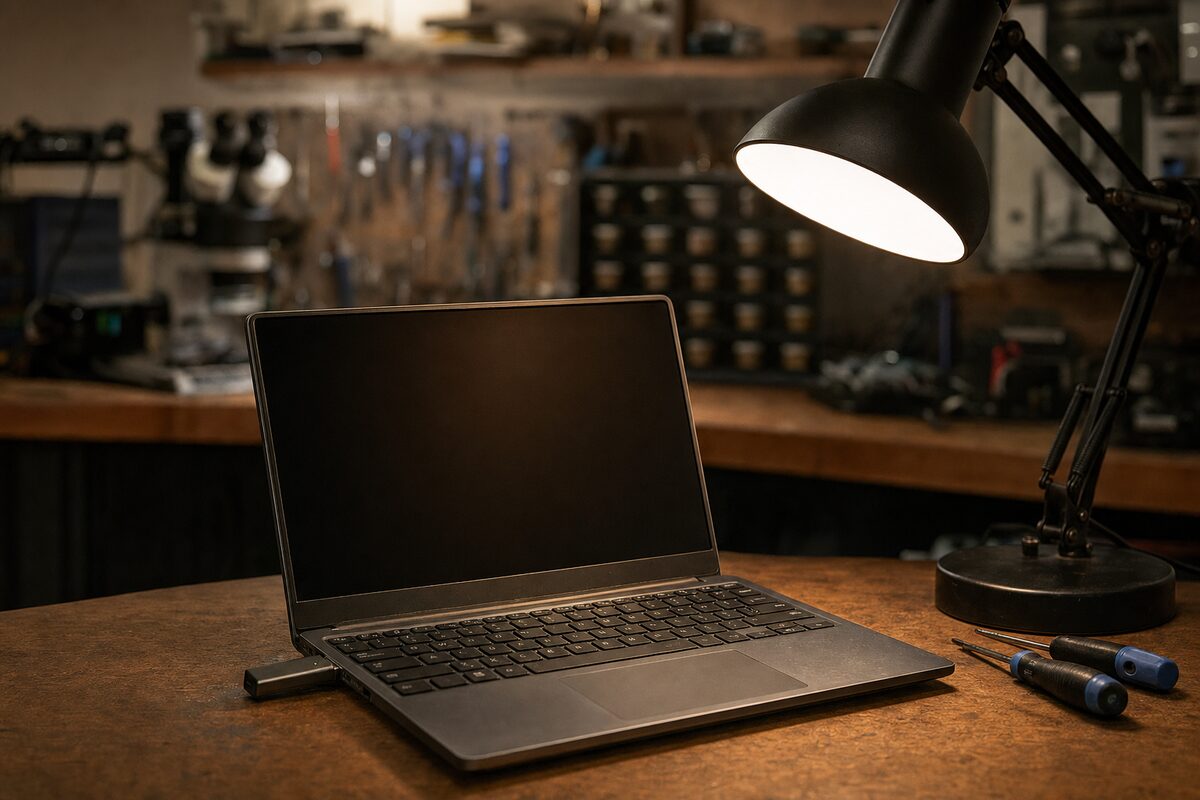 A laptop open on a repair workbench under focused task lighting, surrounded by diagnostic tools, with a calm and methodical workshop atmosphere