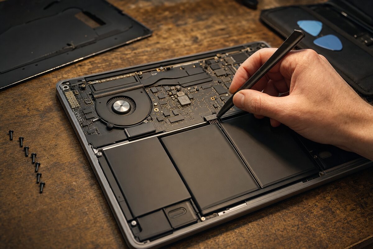A laptop open on a wooden workbench with its back panel removed, a battery partially disconnected, lit by warm workshop lighting
