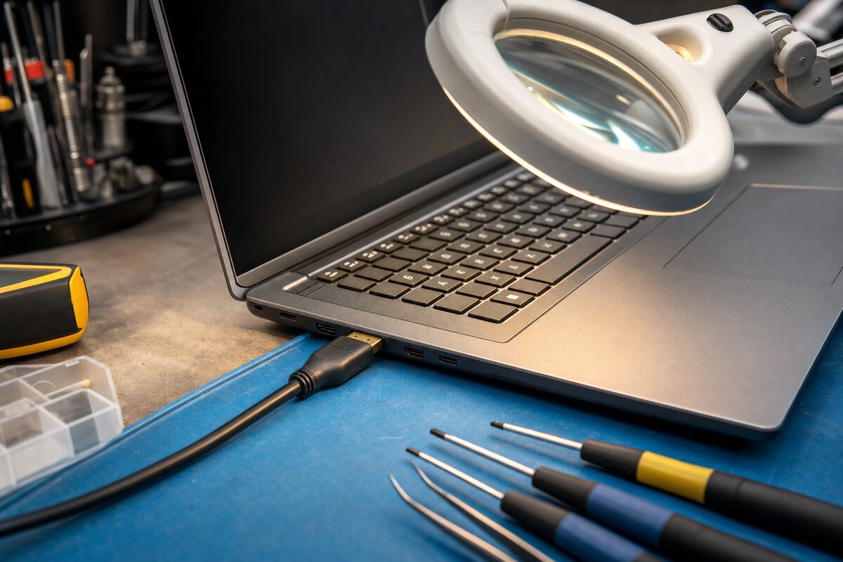 A laptop open on a wooden workbench with an HDMI cable plugged into its side, a magnifying lamp illuminating the port area