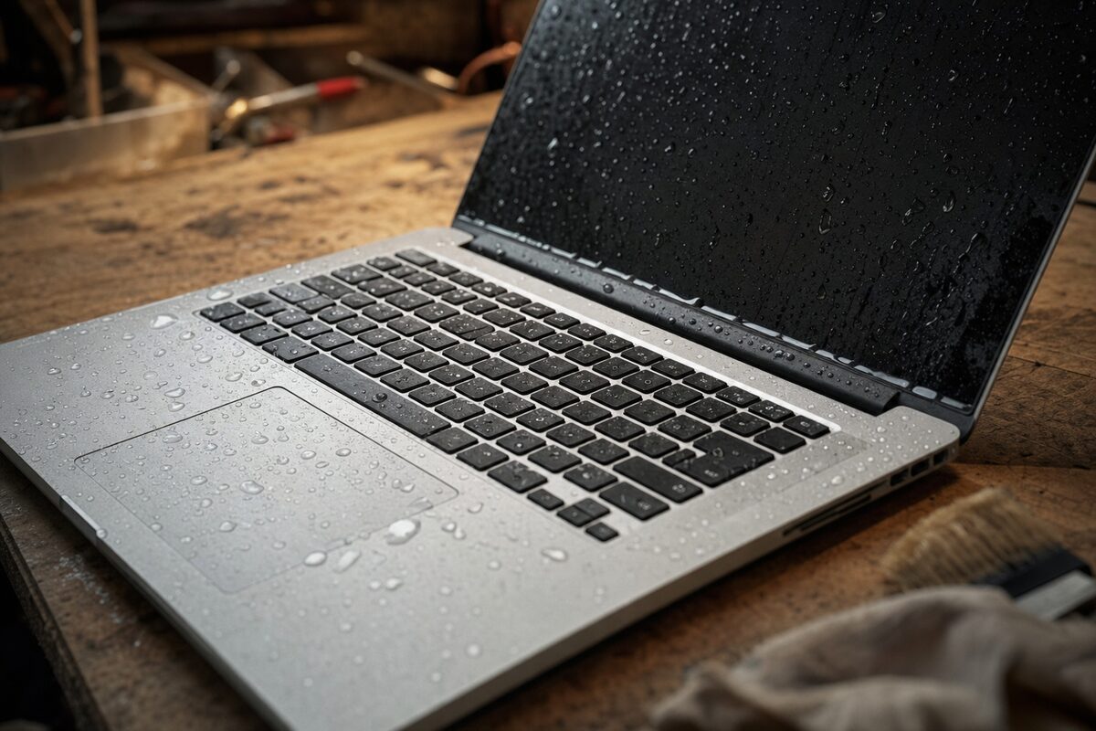 A water-damaged laptop open on a wooden workbench, droplets visible on the keyboard, soft workshop lighting in the background