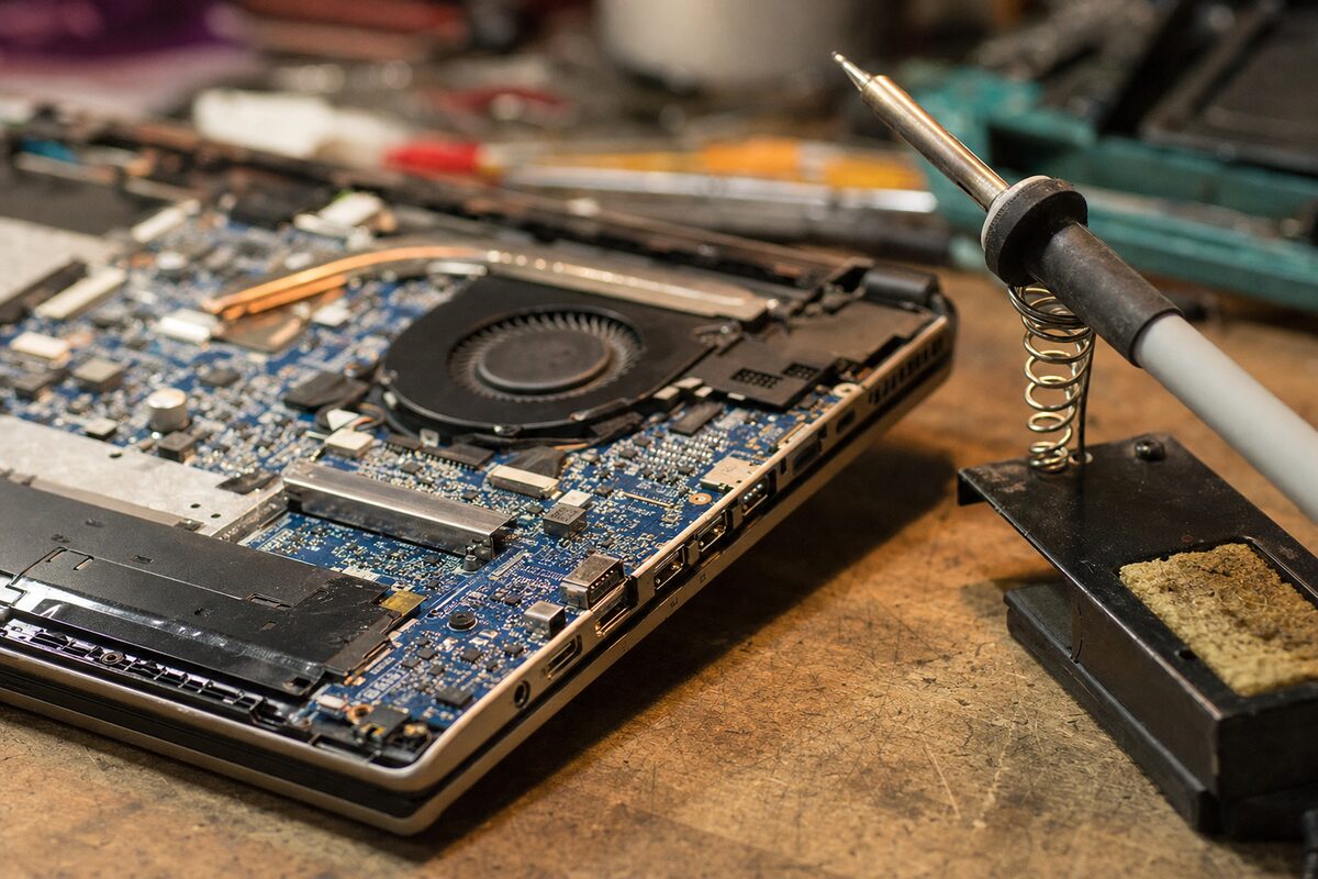 A laptop open on a wooden workbench with a charger plugged in, a small soldering iron resting nearby and a circuit board visible under warm workshop lighting