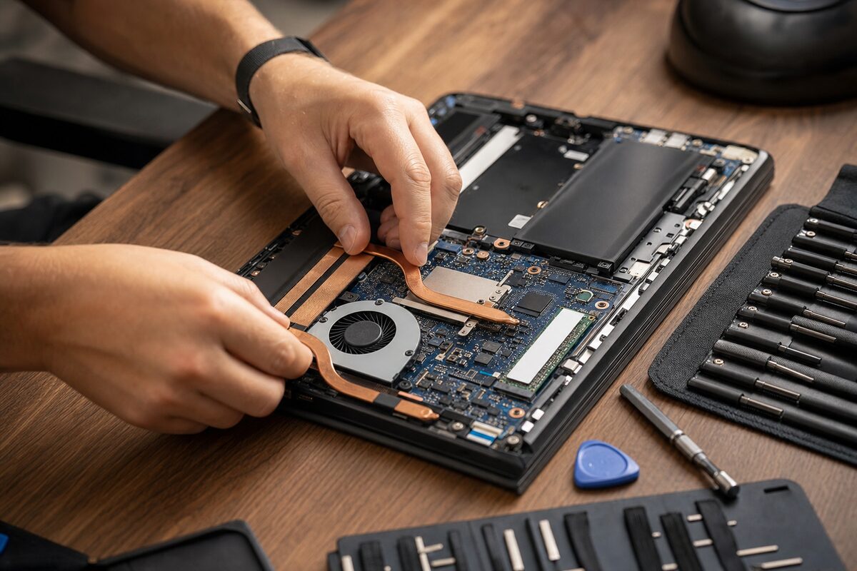A laptop open on a wooden desk with its internal fan and copper heat pipe visible during a repair, warm workshop lighting