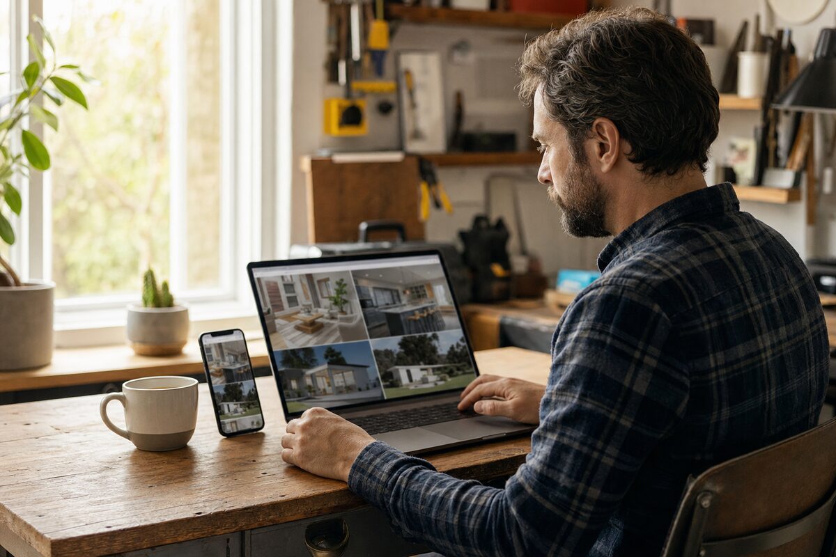 A small business owner reviewing their website on a laptop and mobile phone at a wooden desk, with warm natural light