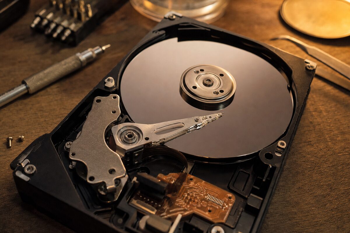Close-up of an open hard drive on a workbench, showing the spinning metal platter and read/write arm under warm workshop lighting