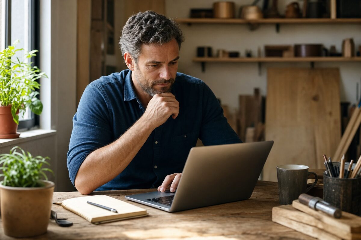 A small business owner reviewing their website on a laptop at a wooden desk, warm natural light from a window, notepad beside them