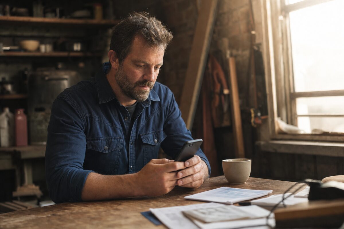 A small business owner checking their website on a smartphone at a wooden desk, warm natural light from a window
