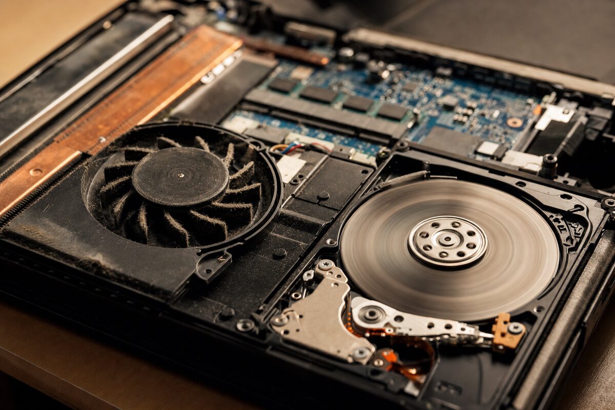 Close-up of a laptop's internal hard drive and cooling fan with dust buildup visible in warm workshop lighting