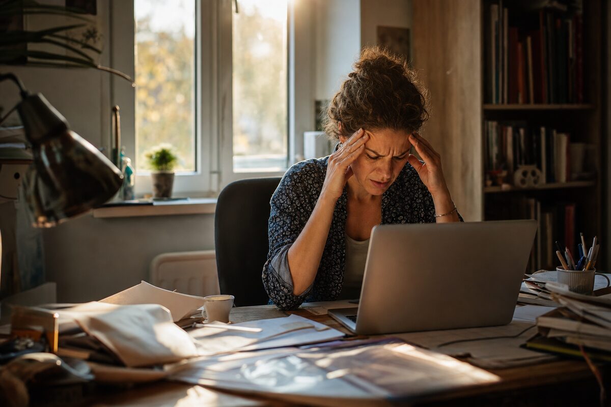 A frustrated person sitting at a home office desk with a laptop showing a poor Wi-Fi signal, warm afternoon light coming through a window