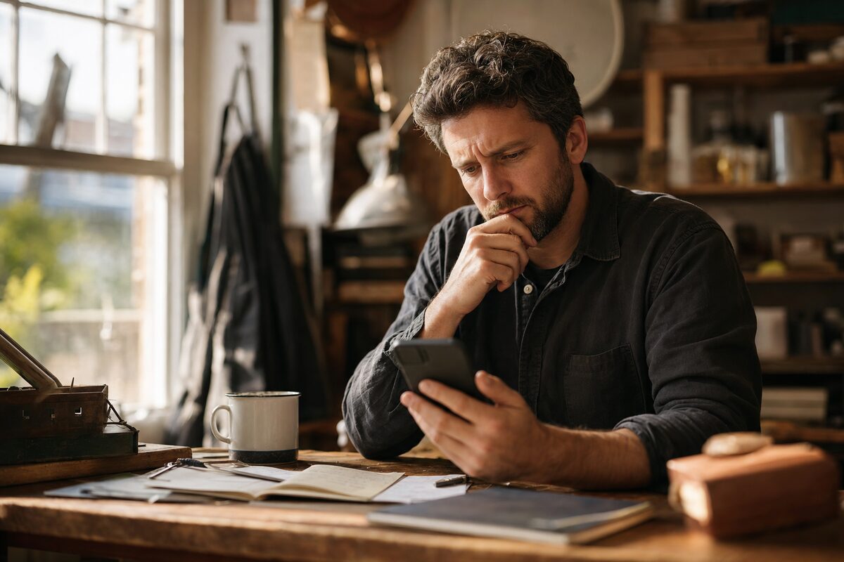 A small business owner reviewing their website on a smartphone at a wooden desk, warm natural light from a window