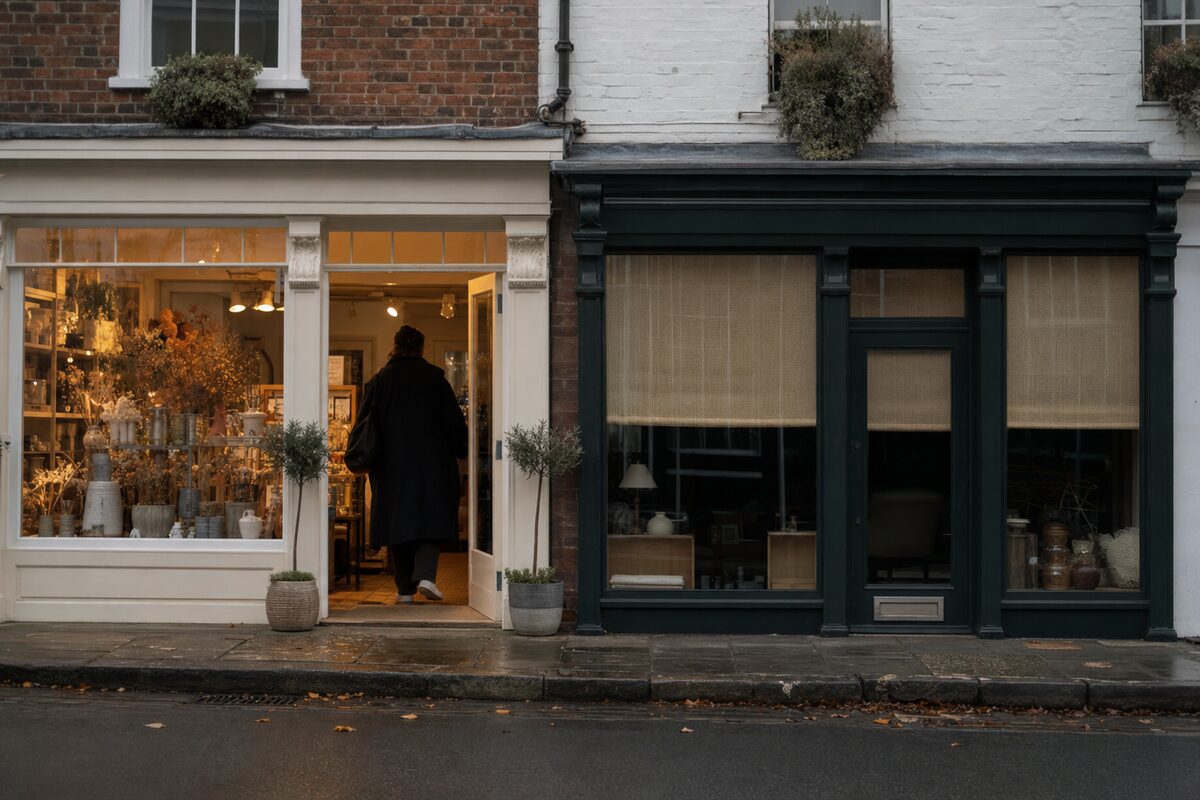 Two neighbouring shop fronts side by side on a quiet Kent high street, one with a warm inviting glow and a customer walking in, the other dark and empty