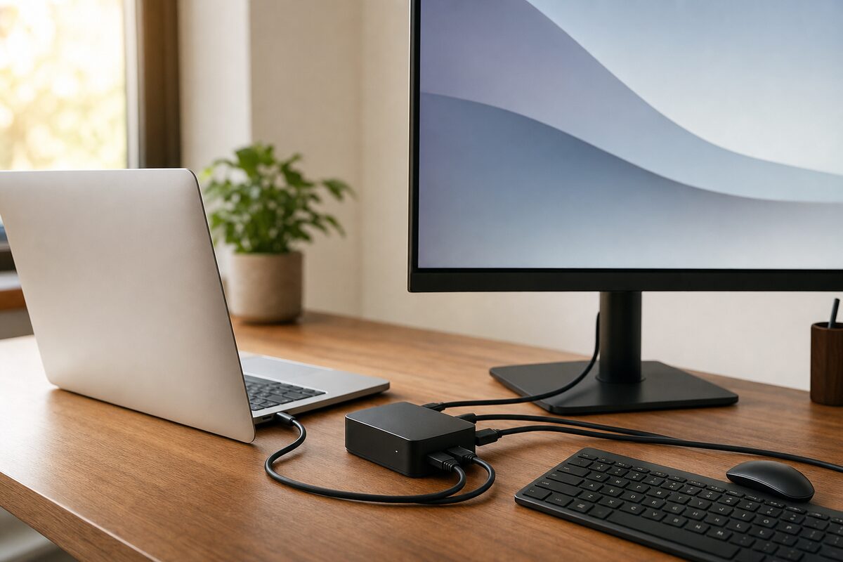 A tidy home office desk with a laptop connected to a single cable leading to a docking station, with a monitor, keyboard and mouse neatly arranged