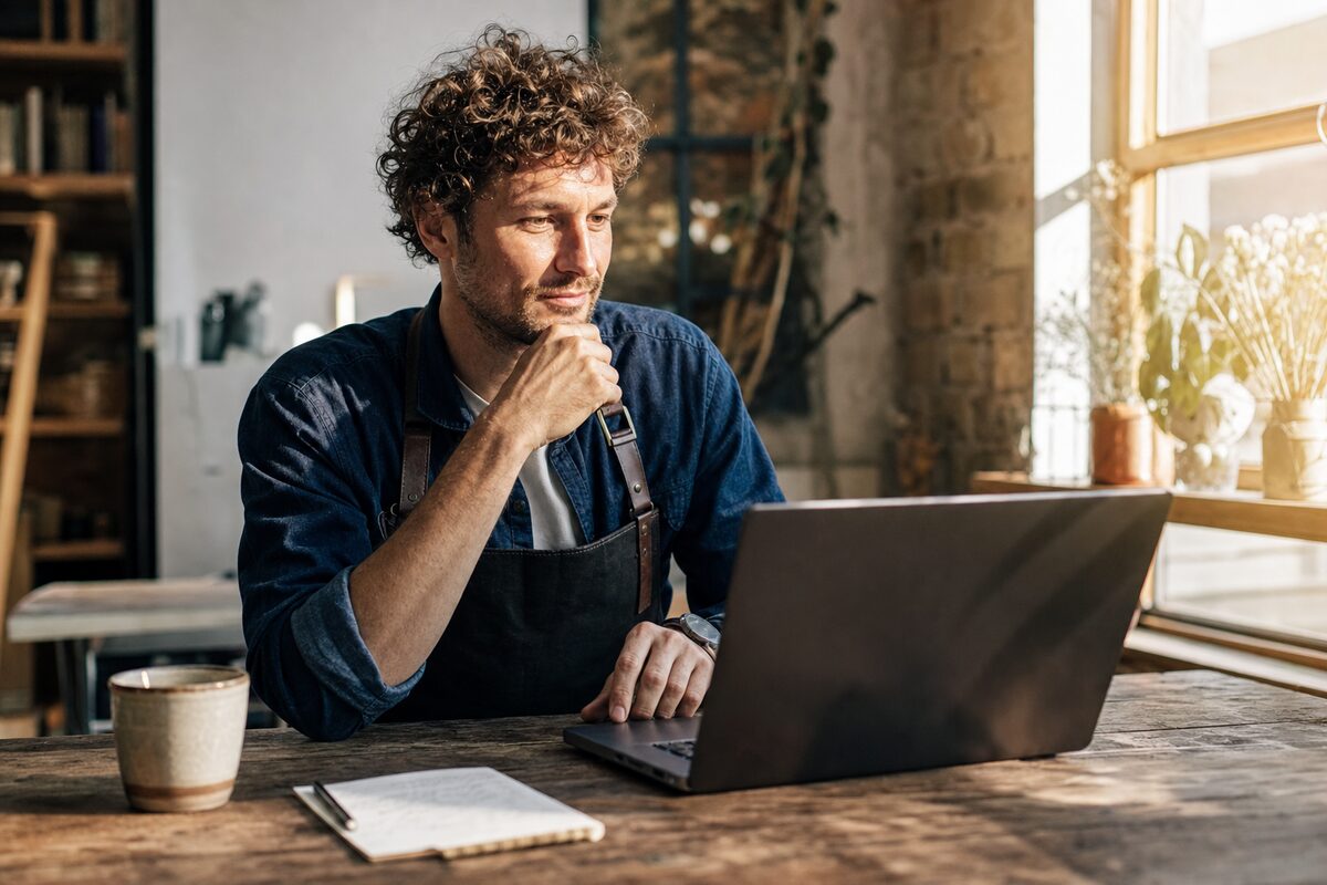 Small business owner reviewing their new website on a laptop at a wooden desk, warm natural light from a window