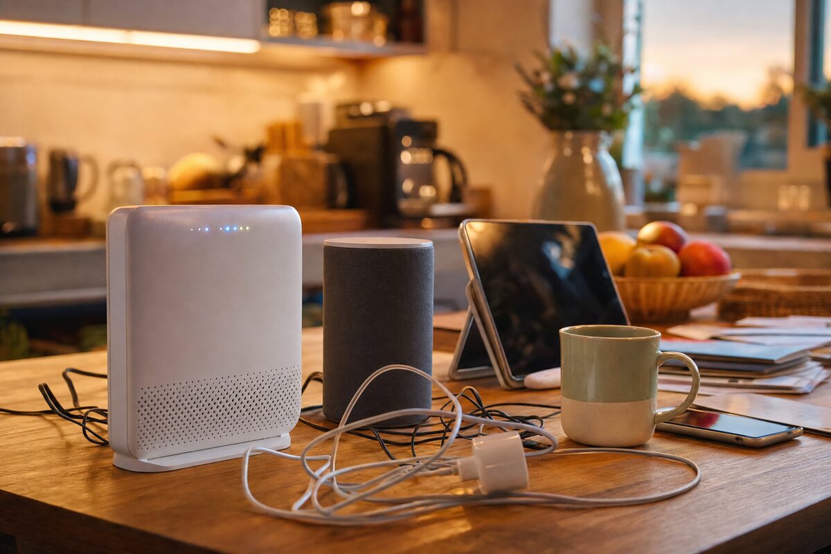 A cluttered kitchen worktop with a router, a smart speaker, a tablet and various cables, warm evening light, slightly chaotic but homely atmosphere