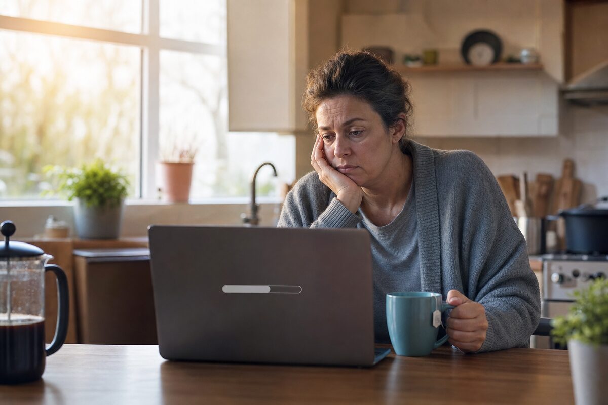 A frustrated person staring at a laptop showing a Windows update progress screen stuck at 35 percent, cup of tea going cold beside them